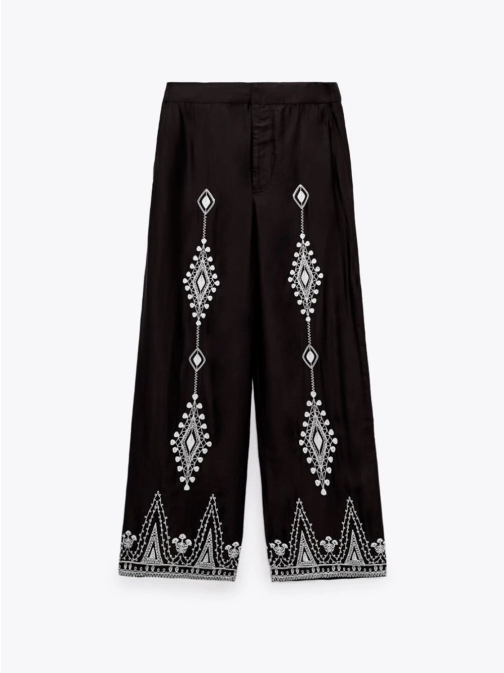 Zara Black Flowy Embroidered silky wide leg Pants Sz S